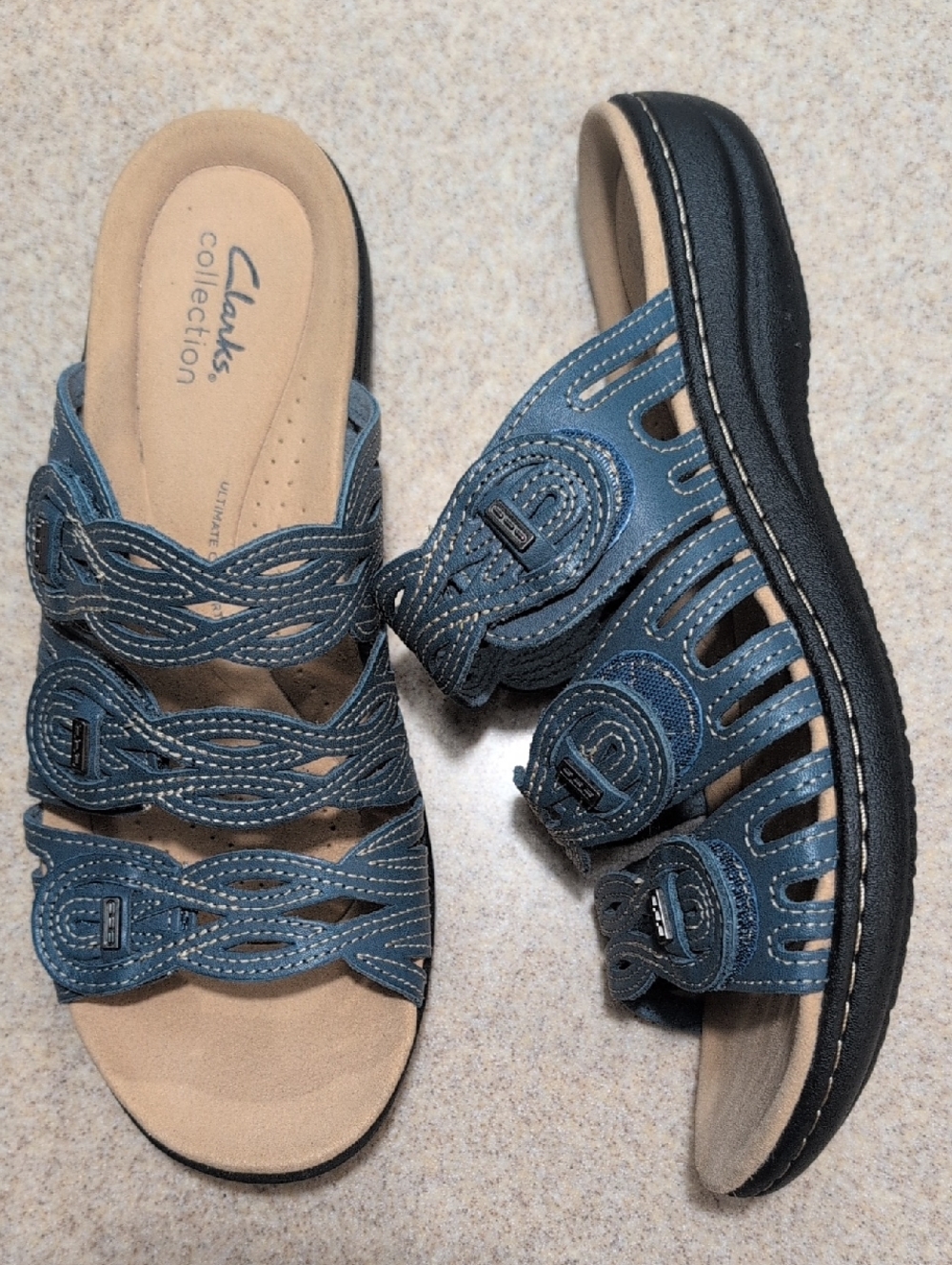 Clarks Laurieann Ruby Navy Blue Woven Slide Sandals Size 8.5